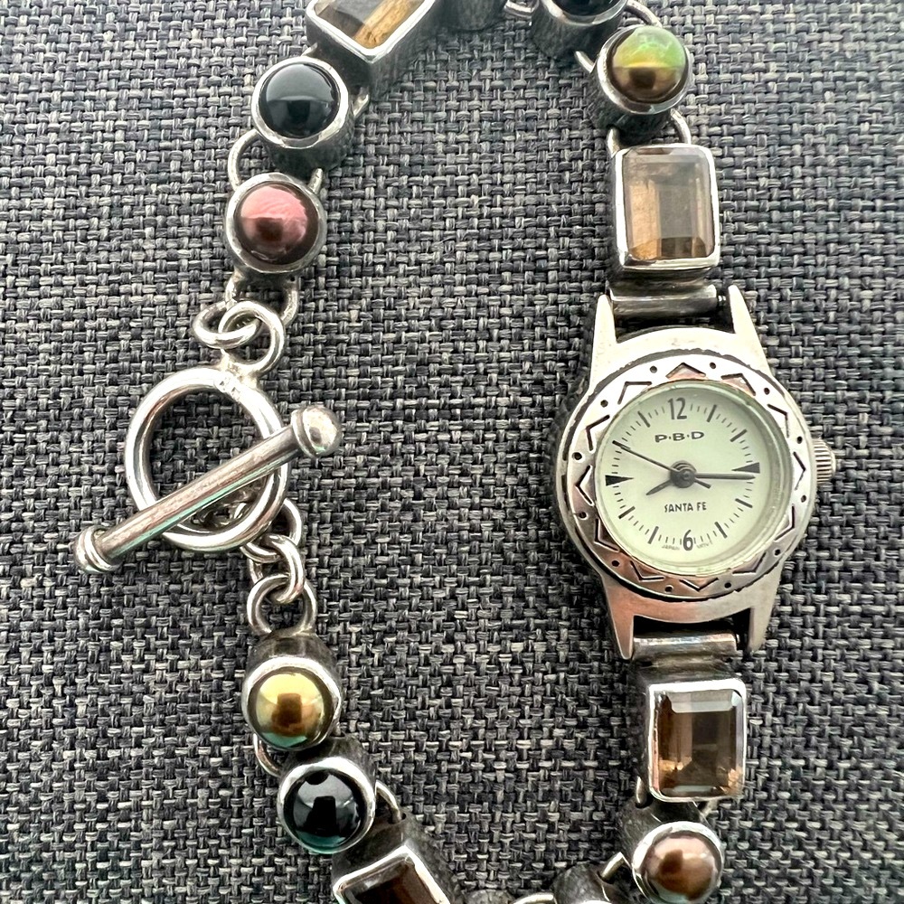 Vintage Peyote Bird Smoky Quartz Navajo Pearl Black Onyx & Silver Watch Bracelet - Picture 6 of 17